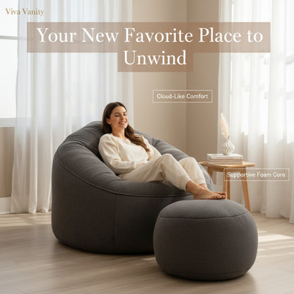 Gray bean bag chair with measurements on a white background