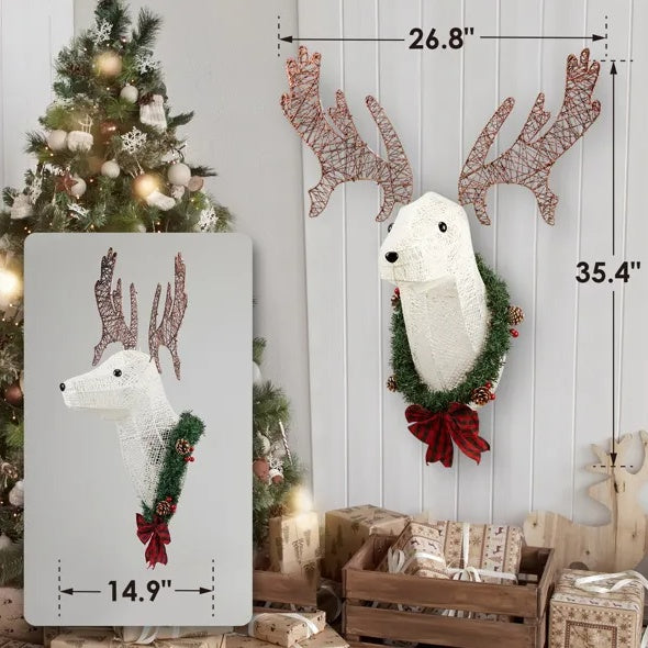 39'' Pre-Lit 3D Reindeer Head Hanging Wreath – The Ultimate Lighted Christmas Wall Decor for Indoor & Outdoor Holiday Display