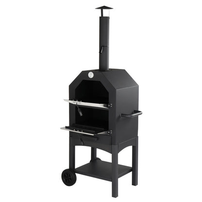 Freestanding Carbon Grill with Chimney, Wheels, Pizza Stone, and Pizza Shovel – Ultimate Outdoor Cooking Experience