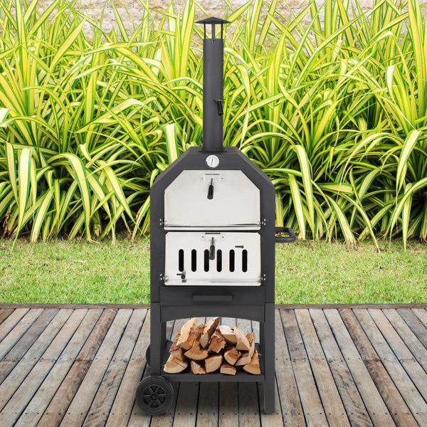 Freestanding Carbon Grill with Chimney, Wheels, Pizza Stone, and Pizza Shovel – Ultimate Outdoor Cooking Experience