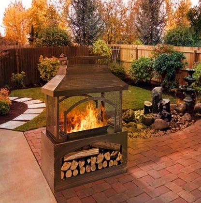 outdoor fireplace shown with everyday use details