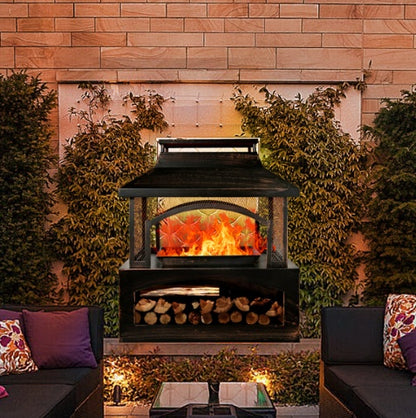outdoor fireplace styled for gardens