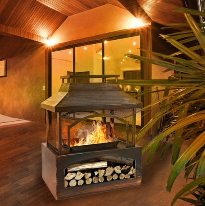 outdoor fireplace in a modern home setting