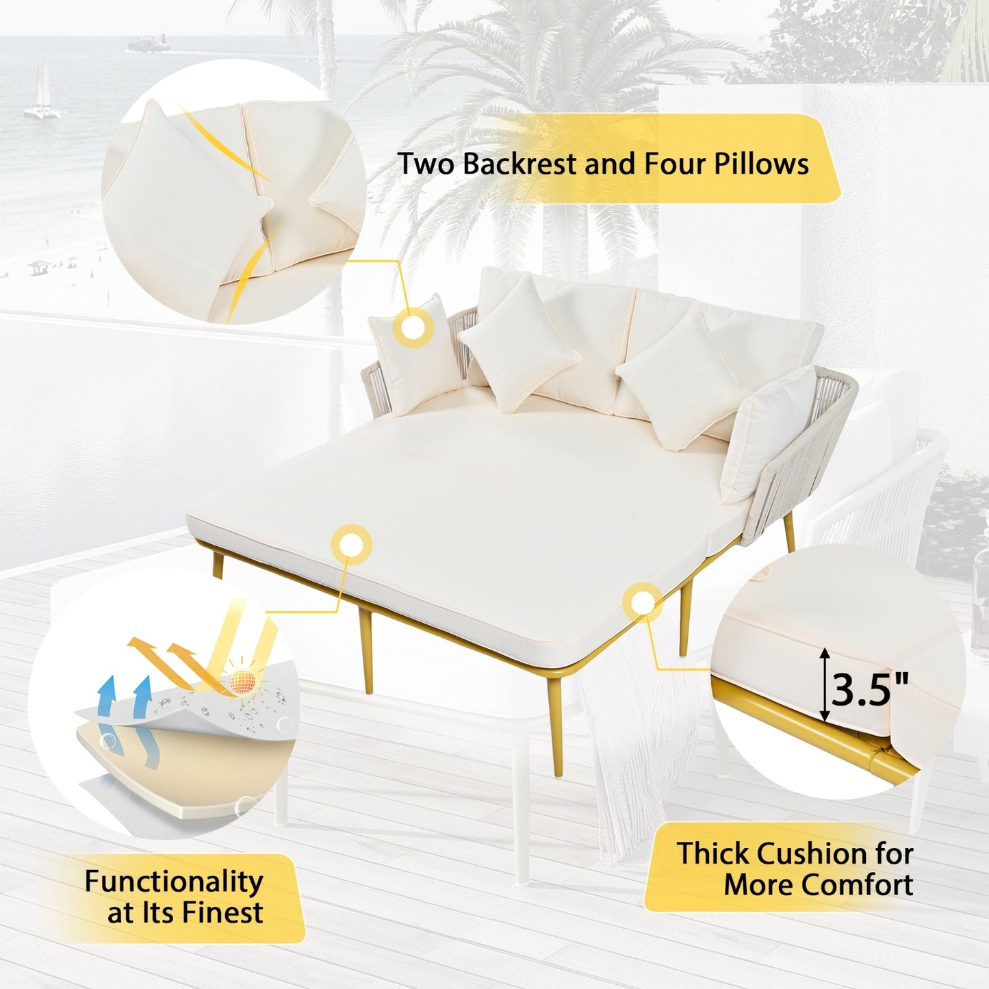 TOPMAX Outdoor Patio Daybed, Nylon Rope Backrest, Washable Cushions