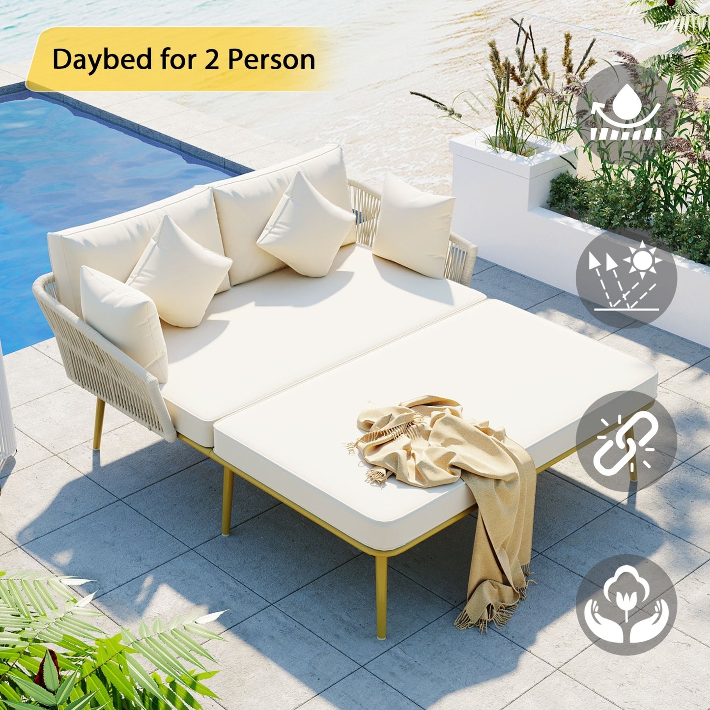 TOPMAX Outdoor Patio Daybed, Nylon Rope Backrest, Washable Cushions