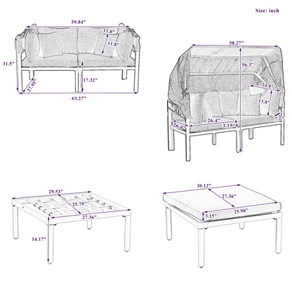 TOPMAX 3-Piece Patio Daybed With Retractable Canopy Outdoor Metal Sectional Sofa Set Sun Lounger Wit