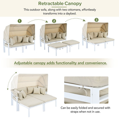 TOPMAX 3-Piece Patio Daybed With Retractable Canopy Outdoor Metal Sectional Sofa Set Sun Lounger Wit
