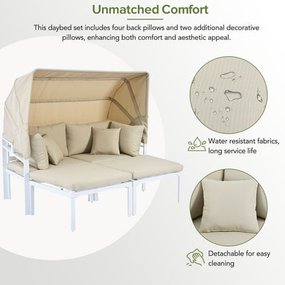 TOPMAX 3-Piece Patio Daybed With Retractable Canopy Outdoor Metal Sectional Sofa Set Sun Lounger Wit