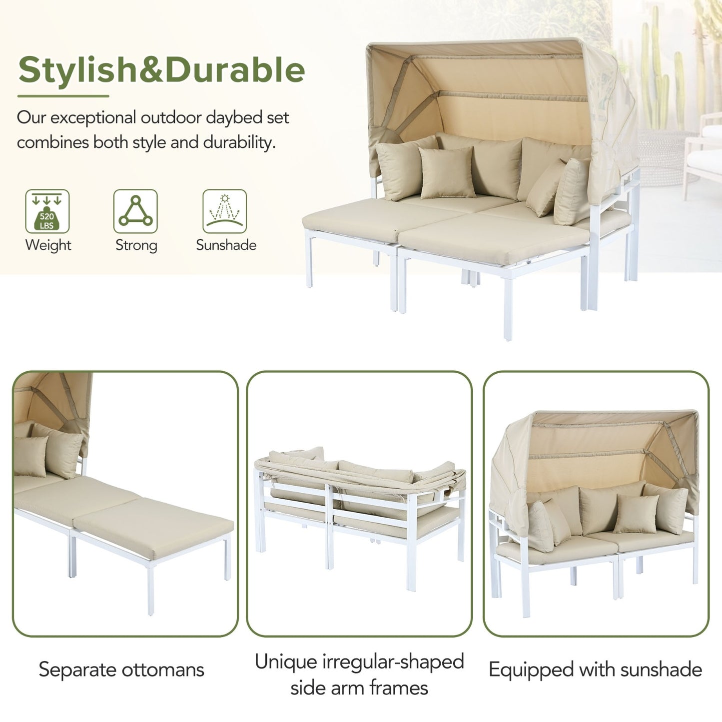 TOPMAX 3-Piece Patio Daybed With Retractable Canopy Outdoor Metal Sectional Sofa Set Sun Lounger Wit