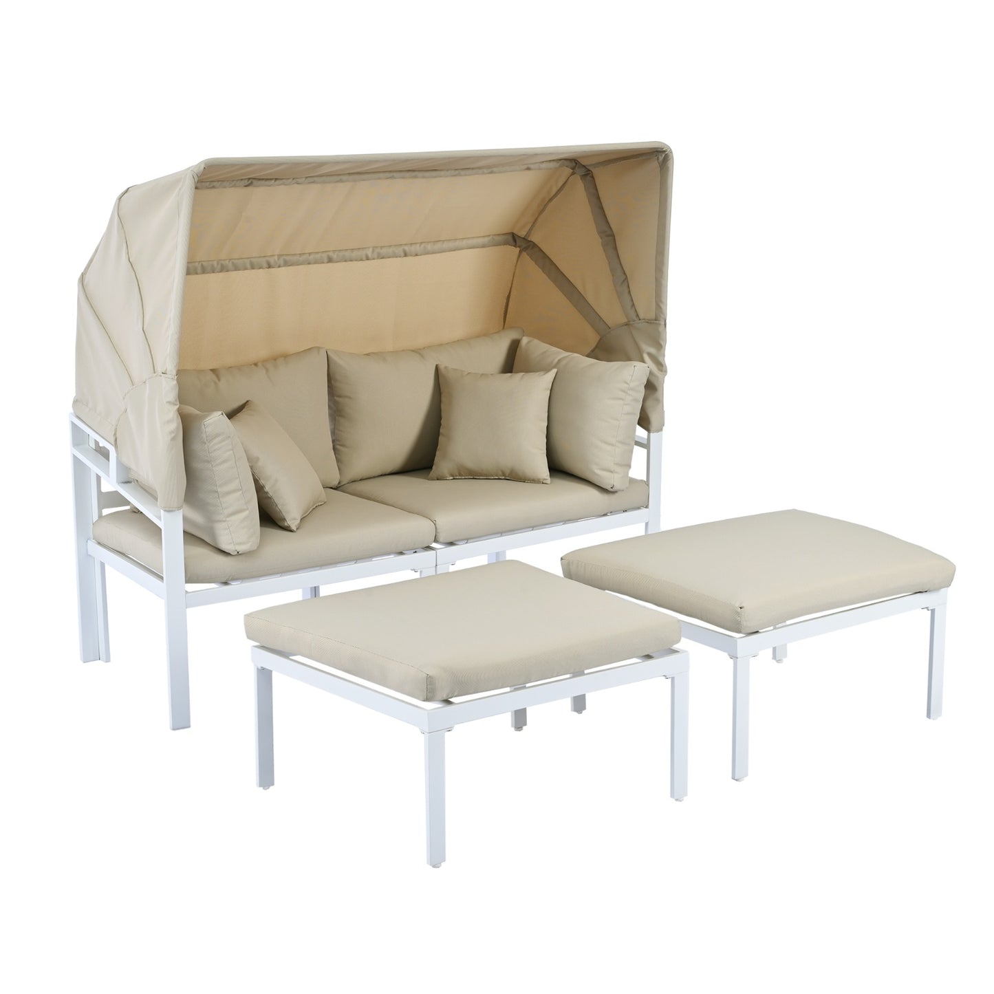 TOPMAX 3-Piece Patio Daybed With Retractable Canopy Outdoor Metal Sectional Sofa Set Sun Lounger Wit