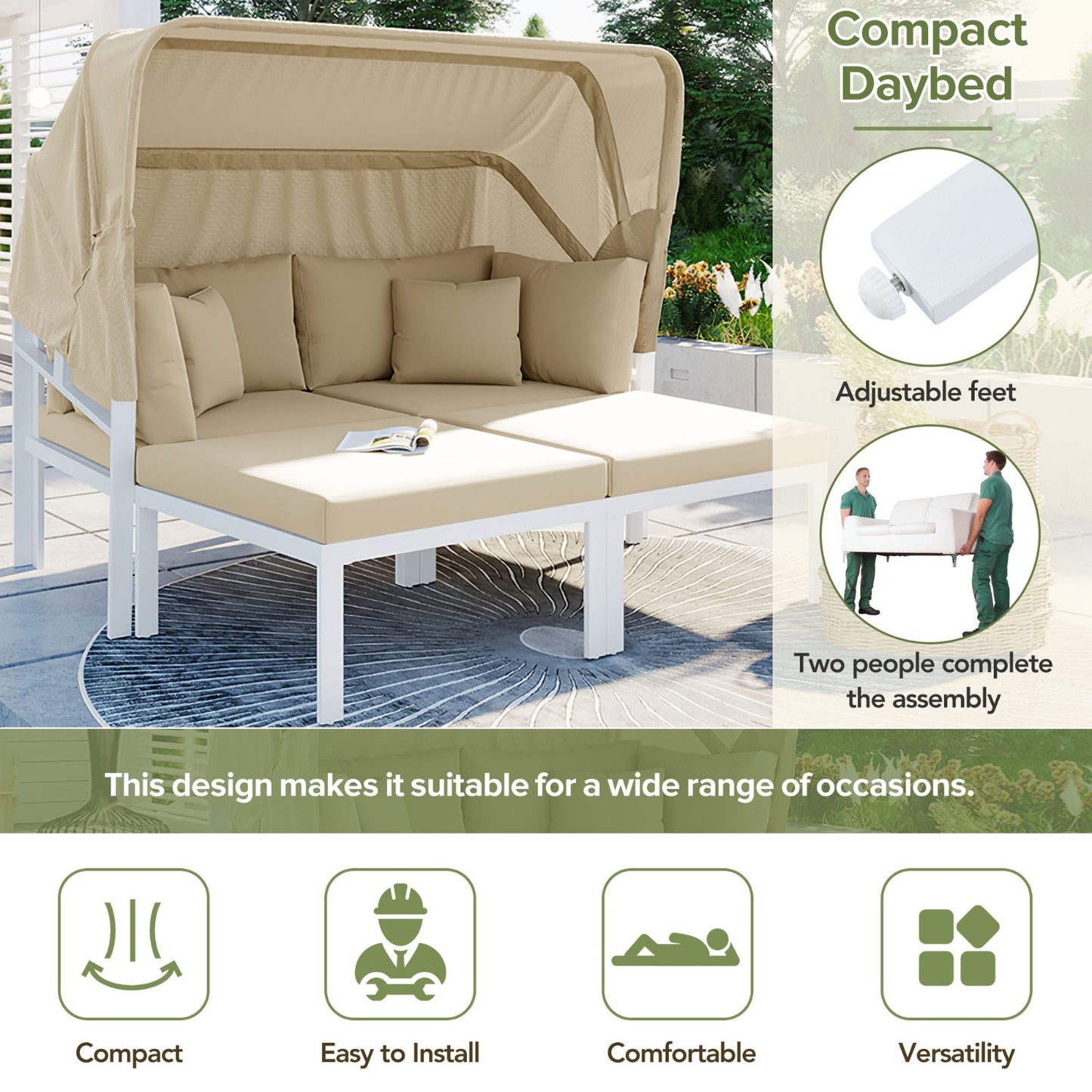 TOPMAX 3-Piece Patio Daybed With Retractable Canopy Outdoor Metal Sectional Sofa Set Sun Lounger Wit