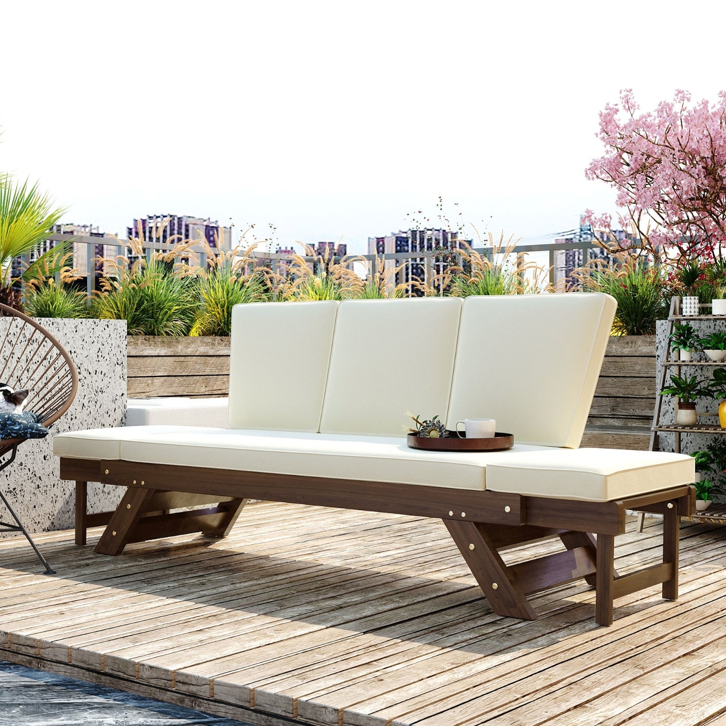 TOPMAX Outdoor Adjustable Patio Wooden Daybed Sofa Chaise Lounge With Cushions For Small Places, Bro