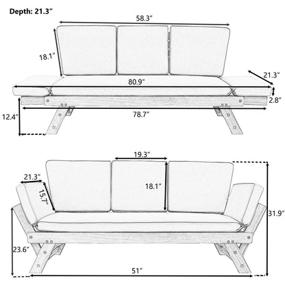 TOPMAX Outdoor Adjustable Patio Wooden Daybed Sofa Chaise Lounge With Cushions For Small Places, Bro