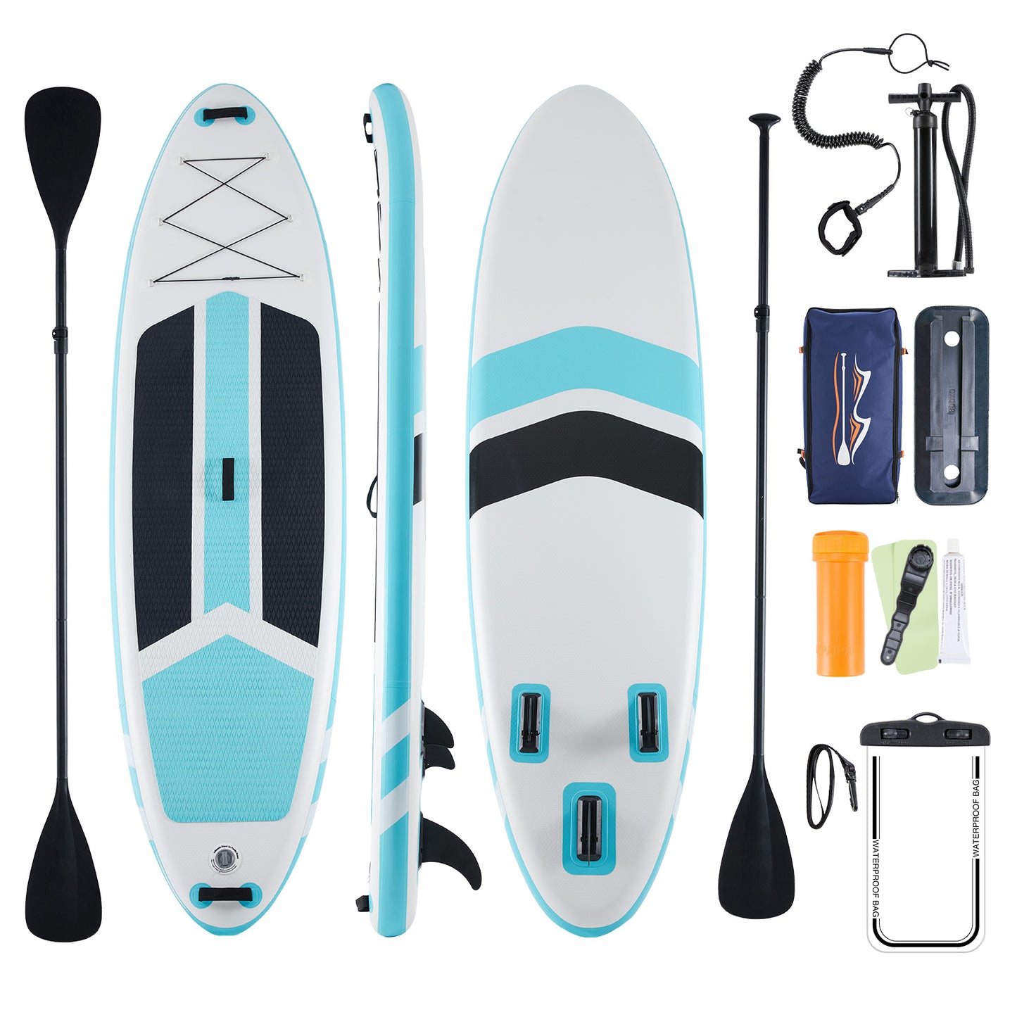 Sup paddle board with accessories on a white background