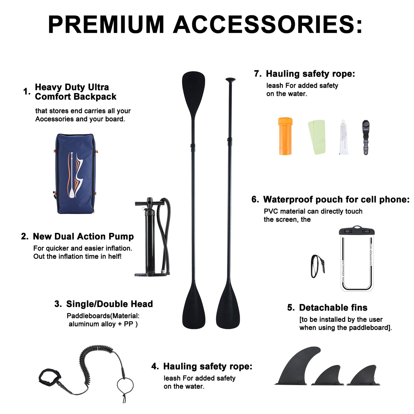 List of premium accessories for paddleboarding with images and descriptions.