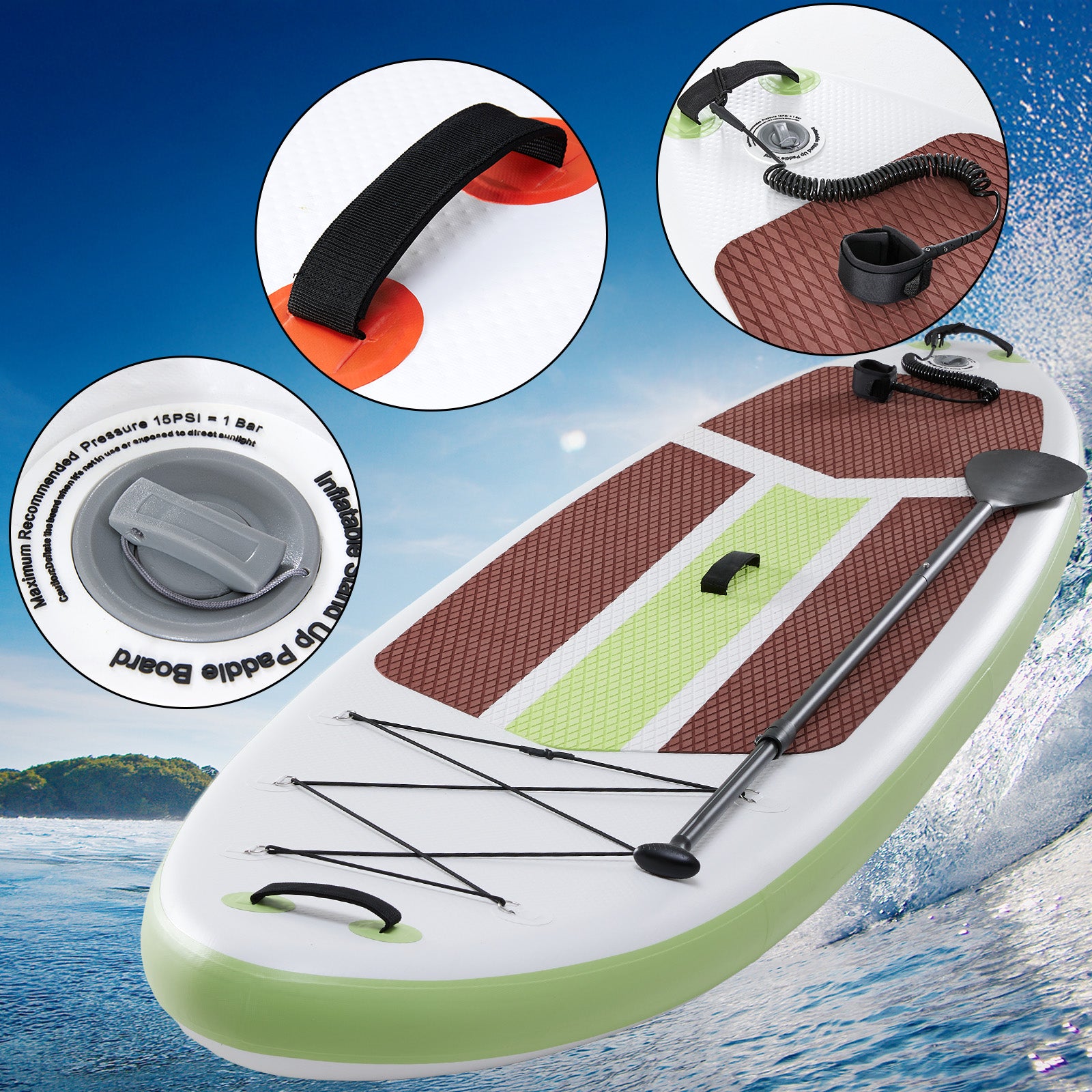 Inflatable paddle board with accessories on a blue water background