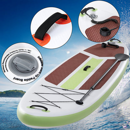 Inflatable paddle board with accessories on a blue water background
