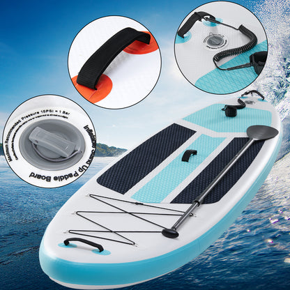 Inflatable paddleboard with accessories on a water background