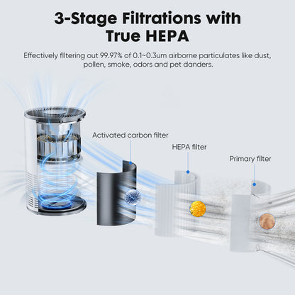 Diagram of a 3-stage filtration system with True HEPA filter on a white background