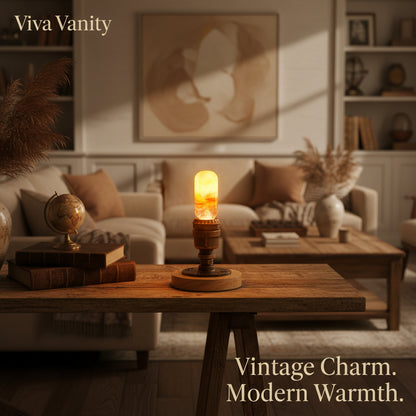 Living room with wooden table, lamp, and decor elements with 'Viva Vanity' branding.