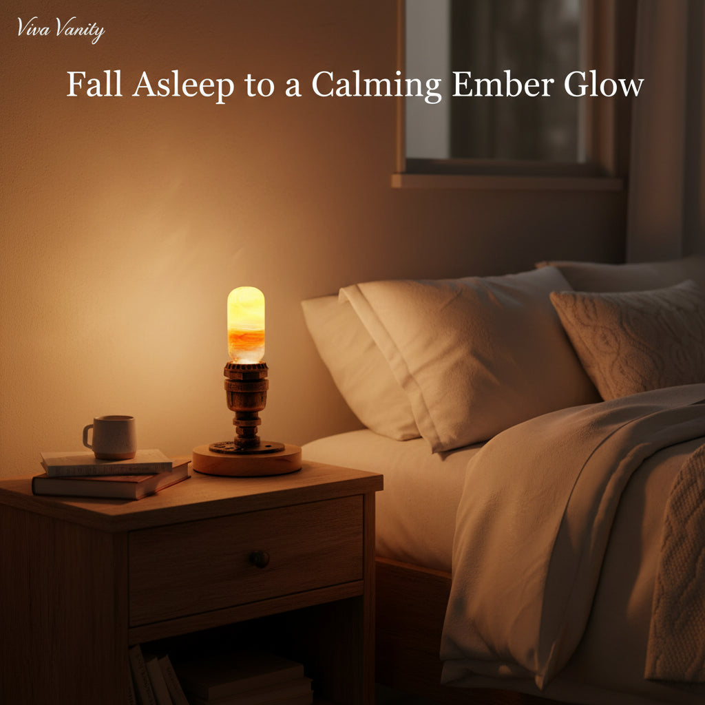 Decorative lamp with a colorful glass bulb on a wooden base against a gray background