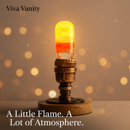 Decorative light bulb with warm colors on a blurred background, featuring 'Viva Vanity' brand.
