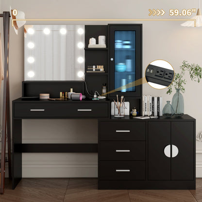 A modern black vanity suite with a mirror row with LED lights, drawers, and a RGB light strip, placed in a room setting with decorative elements.