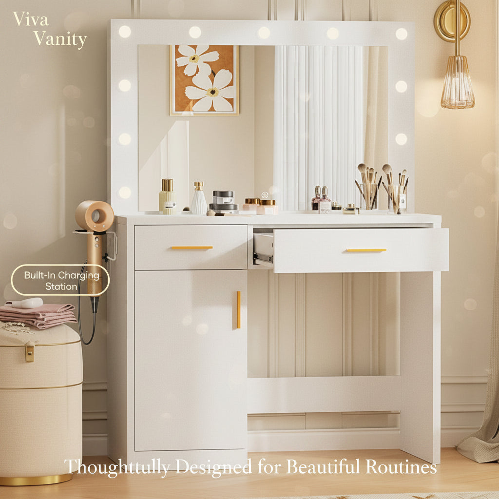White vanity table with mirror and lights in a room setting