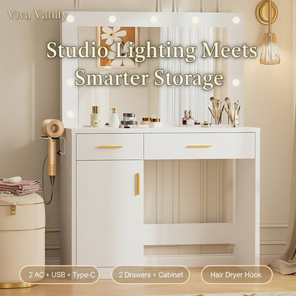 White vanity table with mirror and lights in a room setting
