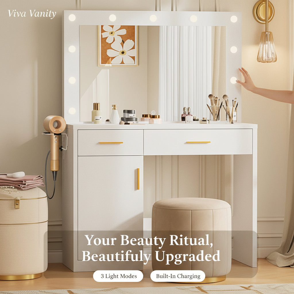 White vanity table with mirror and lights in a room setting