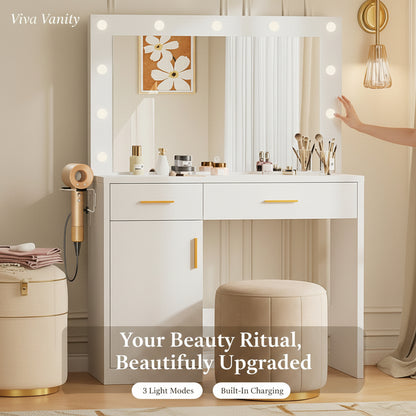 White vanity table with mirror and lights in a room setting