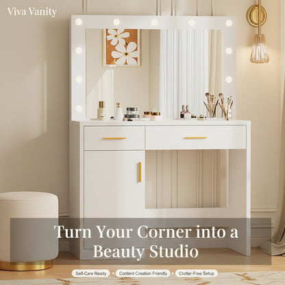 White vanity table with mirror and lights in a room setting