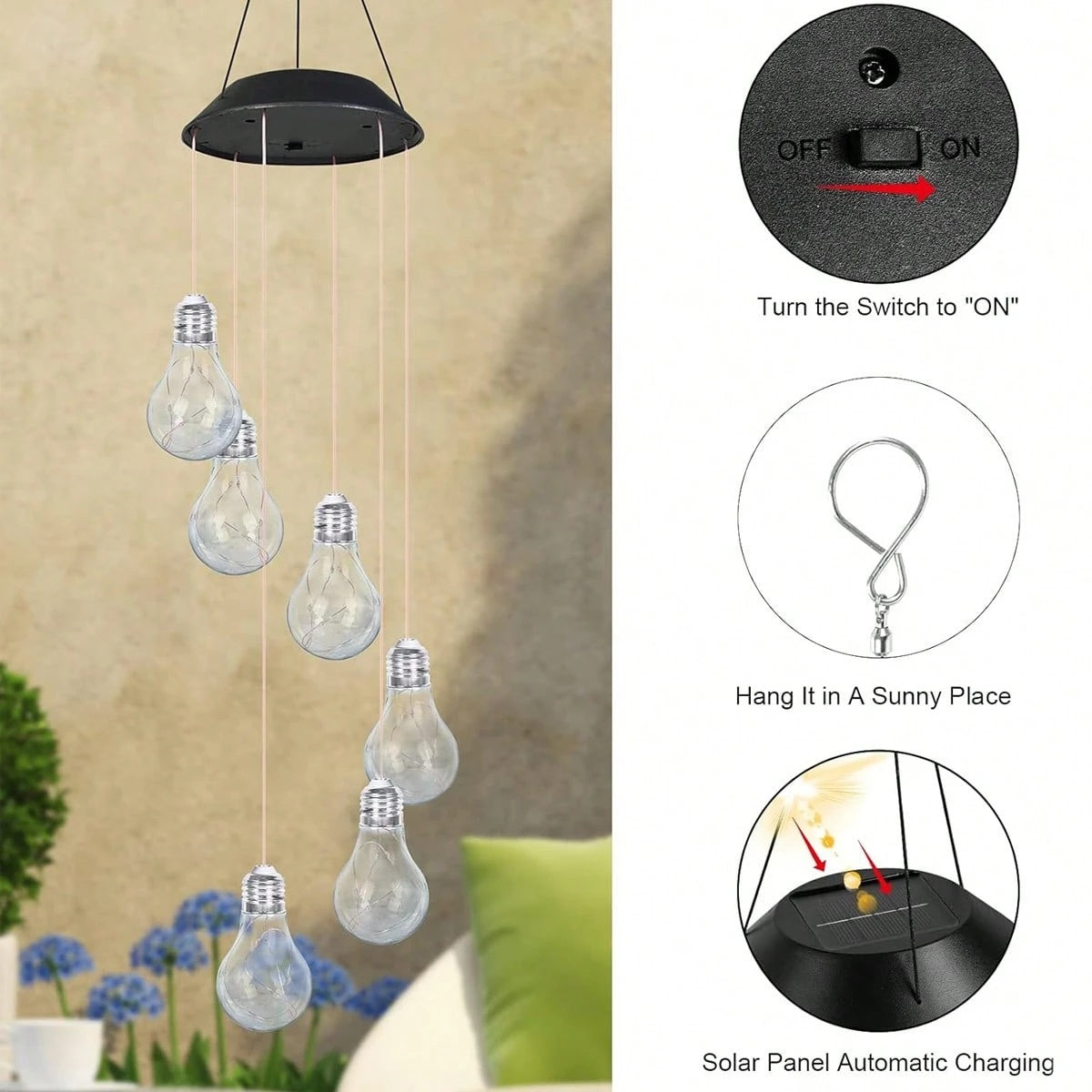 Viva Elite Solar Light Bulb Wind Chime - Color-Changing Edison Mobile