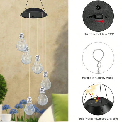 Solar-powered hanging light fixture with instructions on a beige background