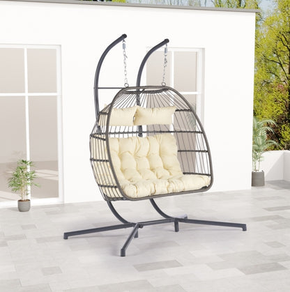 Luxury 2-Person Rattan Hanging Egg Chair | Weather-Resistant Wicker Patio Swing