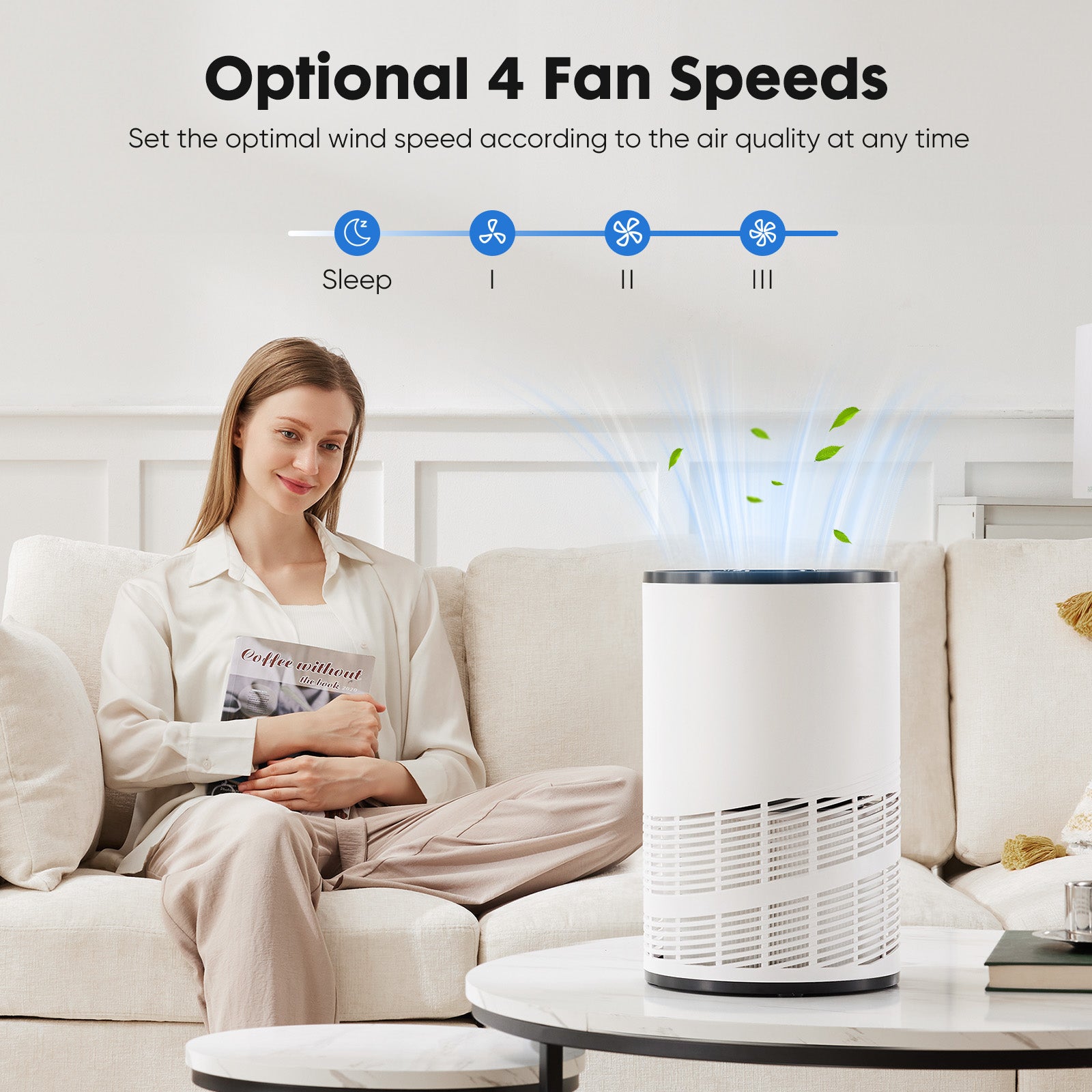 Woman sitting on a couch with an air purifier on a table, showing four fan speed options.