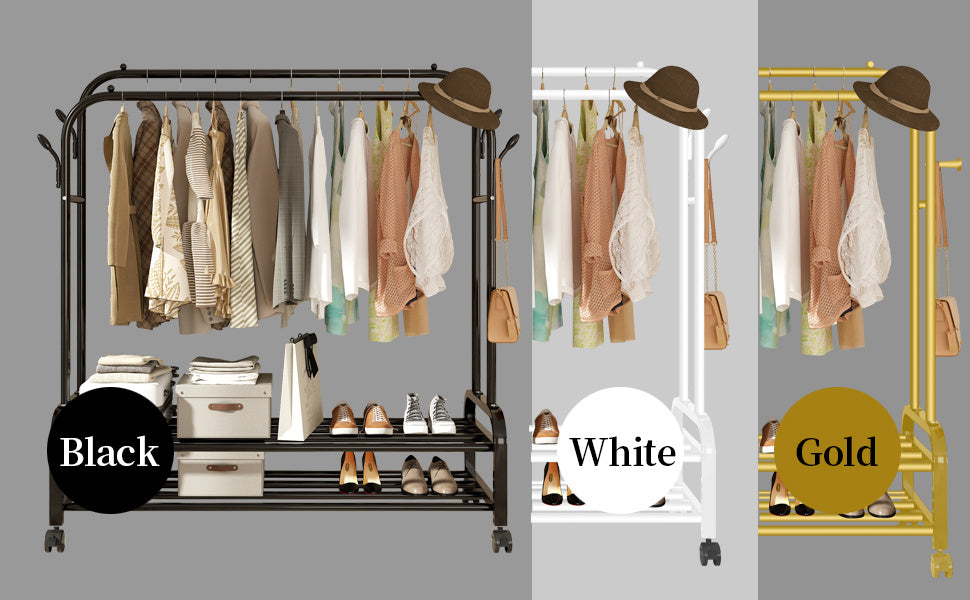 Heavy-Duty Metal Double Bar Clothes Hanger with Wheels – Adjustable & Mobile Closet Organizer