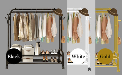 Heavy-Duty Metal Double Bar Clothes Hanger with Wheels – Adjustable & Mobile Closet Organizer