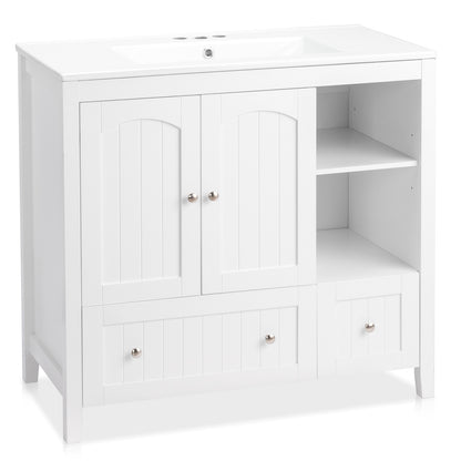 White MDF Painted Double Door Double Drawer With Masking Strip Basin Cabinet 91x46x82cm