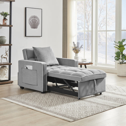 A modern gray upholstered 3-in-1 sofa bed chair with a pocket storage space on the side, displayed in a bright room setting.