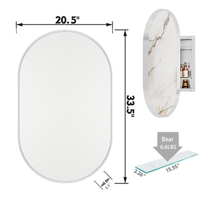 20x34 Inch Oval Recessed Metal Frame Bathroom Wall Cabinet with Mirror & Adjustable Shelves
