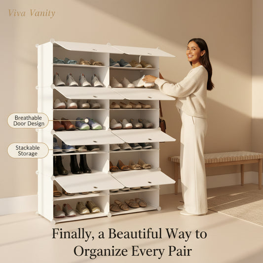 White shoe rack with various shoes on a white background