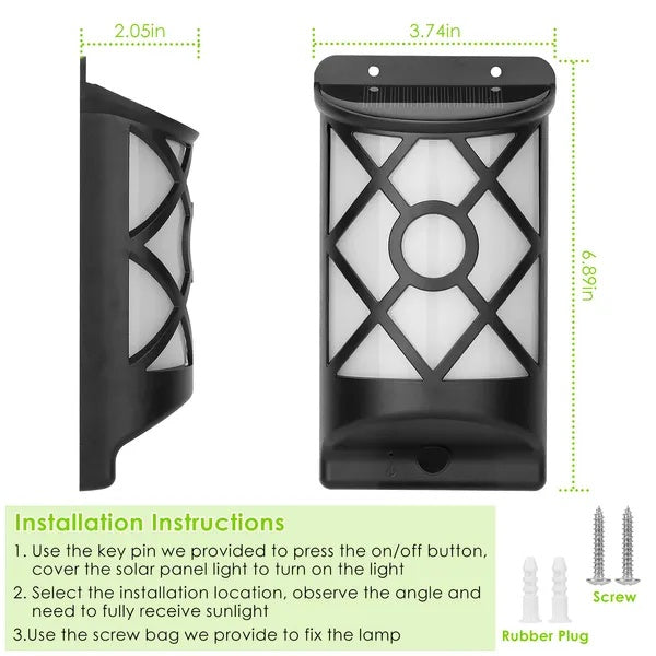 Black outdoor wall light with measurements and installation instructions on a white background