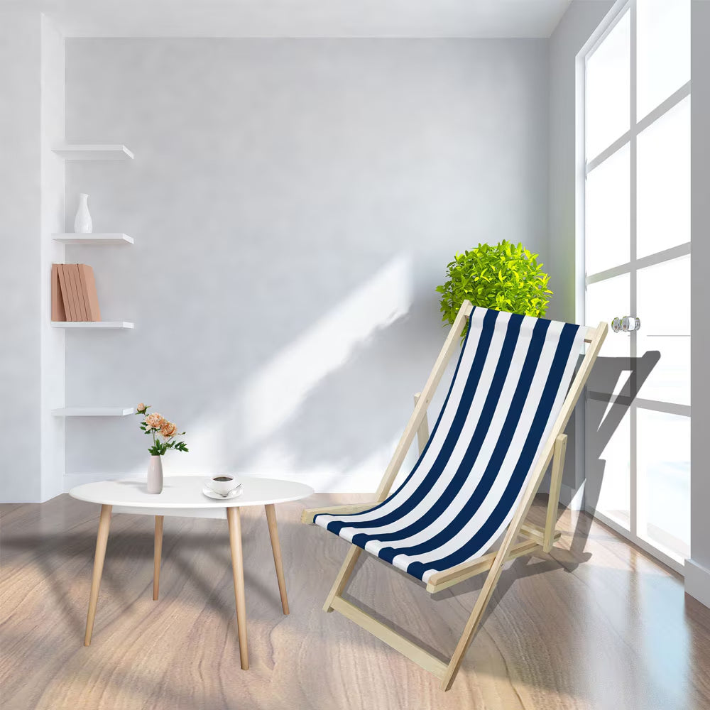 Populus Wood Sling Chair Blue Stripe Broad Blue Stripe  Dark Blue Folding Chaise Lounge Chair