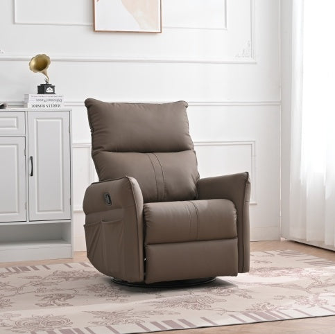 A modern small swing swivel recliner bedroom chair in brown color, with a padded backrest and seat, positioned in a well-decorated room.