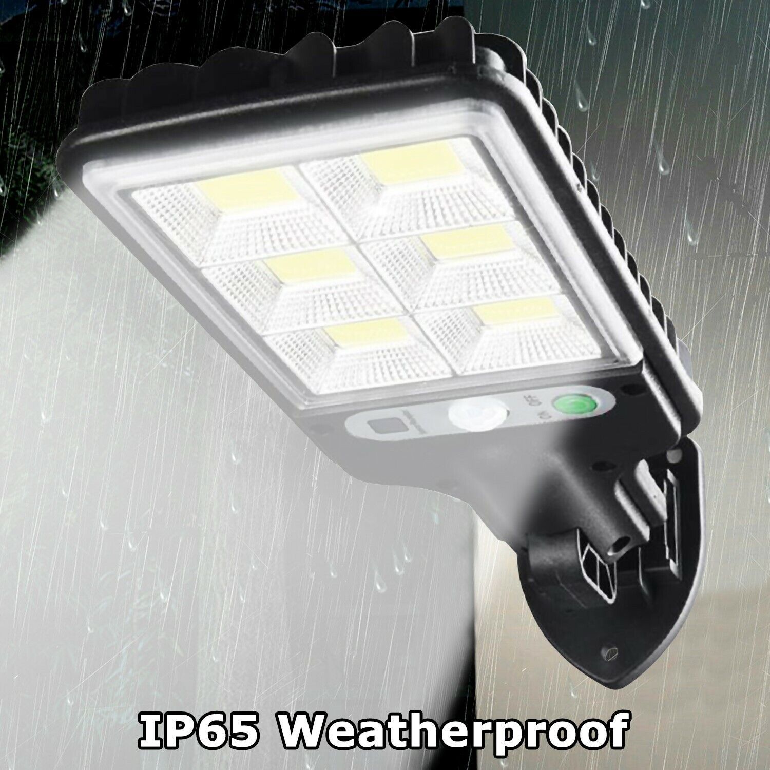 Weatherproof outdoor light fixture with IP65 rating on a gray background