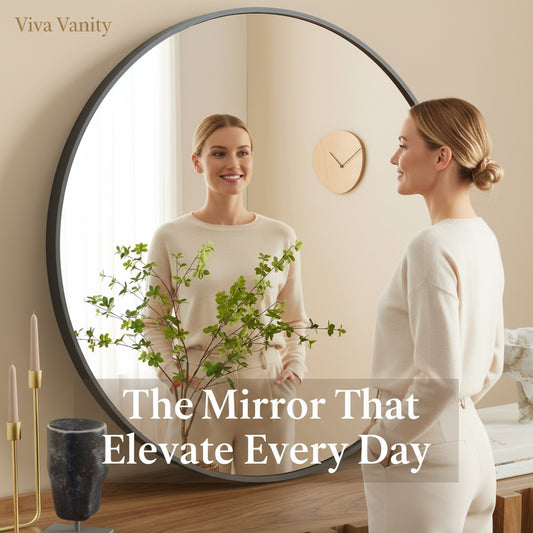 Round mirror with black frame on a wall with decorative items.