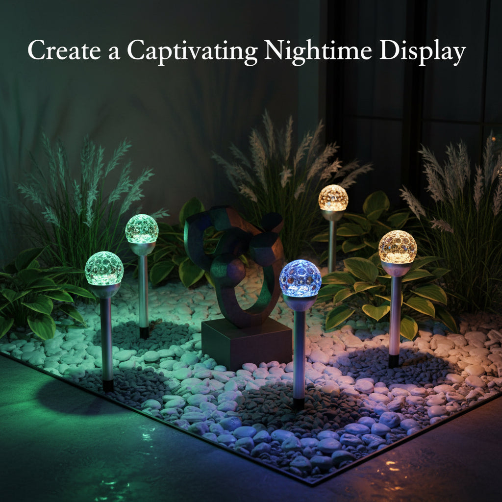 Solar-powered garden light with battery capacity and usage time illustrations.