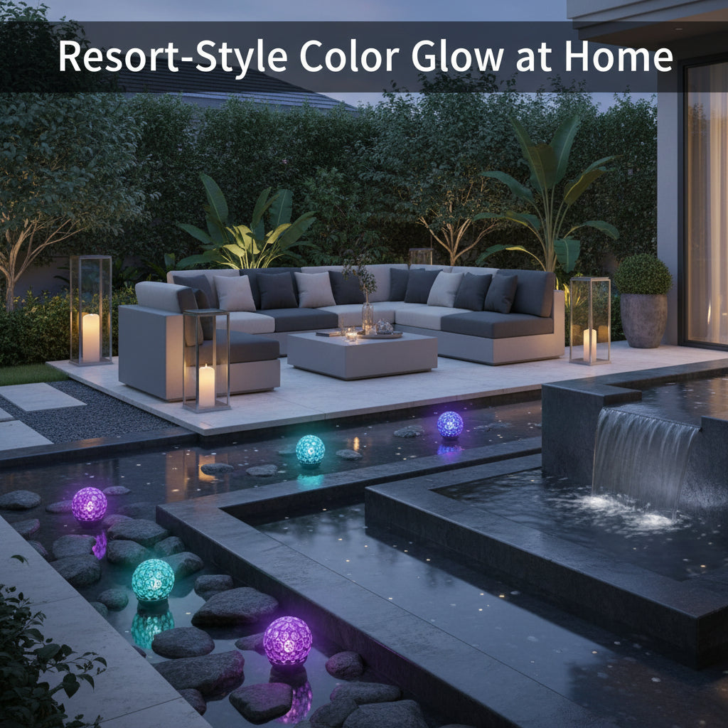 Outdoor patio with resort-style lighting and decor, featuring a pool and seating area.