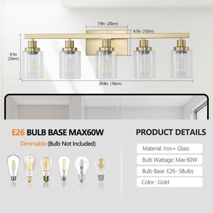 Gold 5-Light Vanity Light with Clear Glass Shade – Modern Bathroom Wall Fixture